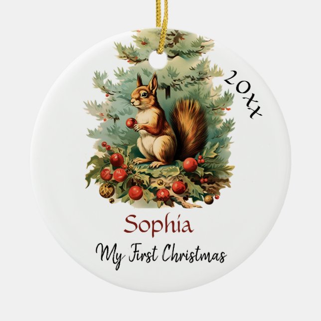 My First Christmas Cute Squirrel Baby Name Ceramic Ornament (Front)