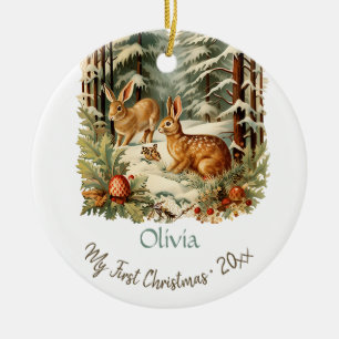 My First Christmas Cute Vintage Bunnies Baby Name Ceramic Ornament