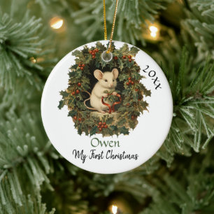 My First Christmas Cute Vintage Mouse Baby Name Ceramic Ornament