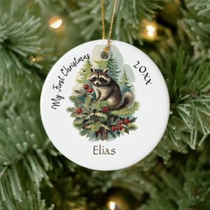 My First Christmas Cute Vintage Raccoon Baby Name Ceramic Ornament