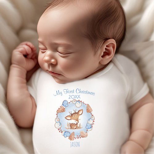 My First Christmas Deer Custom Name Blue Boy Baby Bodysuit