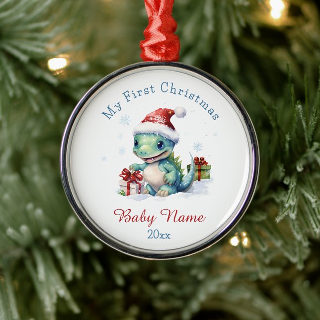My First Christmas Dinosaur Custom Name Keepsake Metal Ornament (Creator Uploaded)