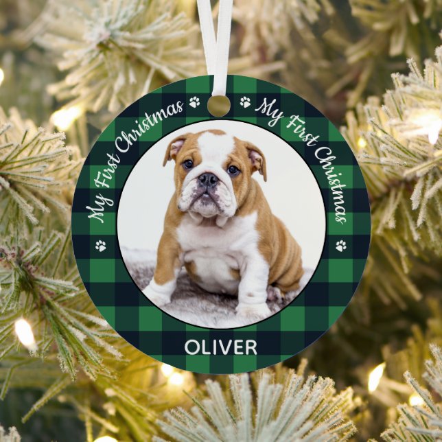 My First Christmas Dog Puppy Pet Photo Green Plaid Metal Ornament (Insitu)