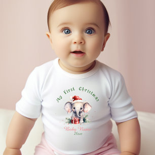 My First Christmas Elephant Custom Name Keepsake Baby Bodysuit
