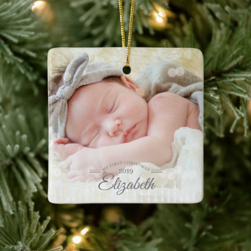My First Christmas Fairy Lights Baby Girl Photo Ceramic Ornament