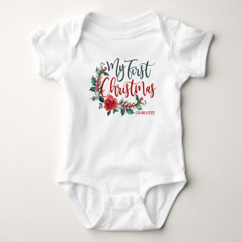 My First Christmas Floral Personalized Girl Baby Bodysuit