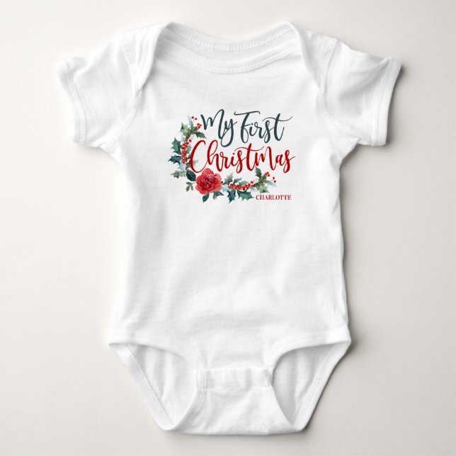 My First Christmas Floral Personalized Girl Baby Bodysuit (Front)