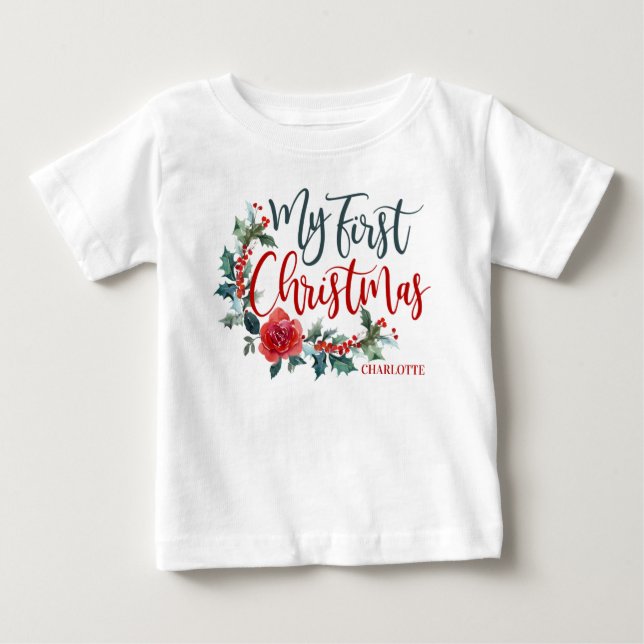 My First Christmas Floral Personalized Girl Baby T-Shirt (Front)