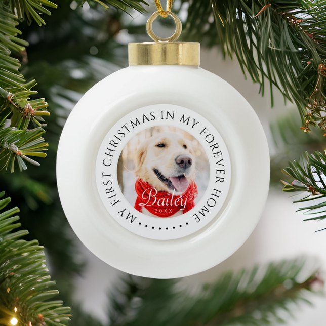 My First Christmas Forever Home Modern Pet Photo Ceramic Ball Christmas Ornament (Creator Uploaded)