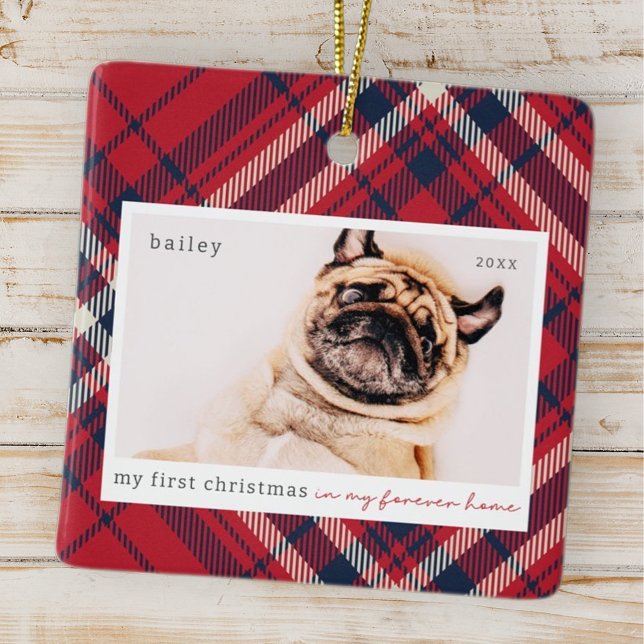 My First Christmas Forever Home Plaid Pet Photo Ceramic Ornament (Creator Uploaded)