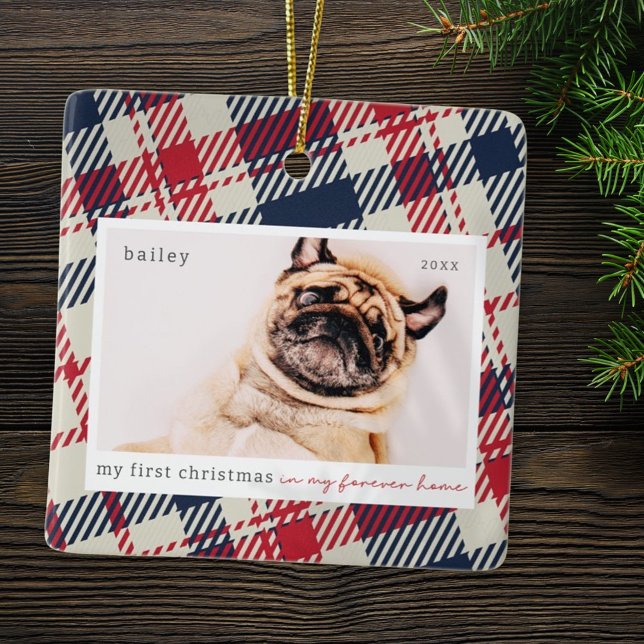 My First Christmas Forever Home Plaid Pet Photo Ceramic Ornament (Creator Uploaded)