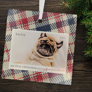 My First Christmas Forever Home Plaid Pet Photo Glass Ornament