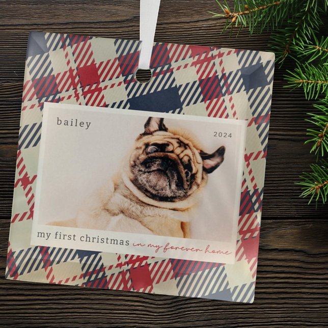 My First Christmas Forever Home Plaid Pet Photo Glass Ornament (Creator Uploaded)