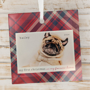 My First Christmas Forever Home Plaid Pet Photo Glass Ornament