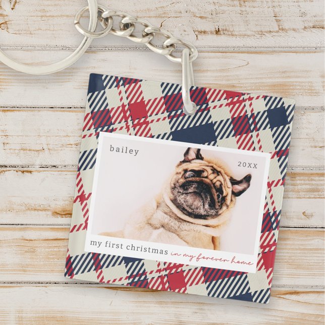 My First Christmas Forever Home Plaid Pet Photo Keychain (Creator Uploaded)