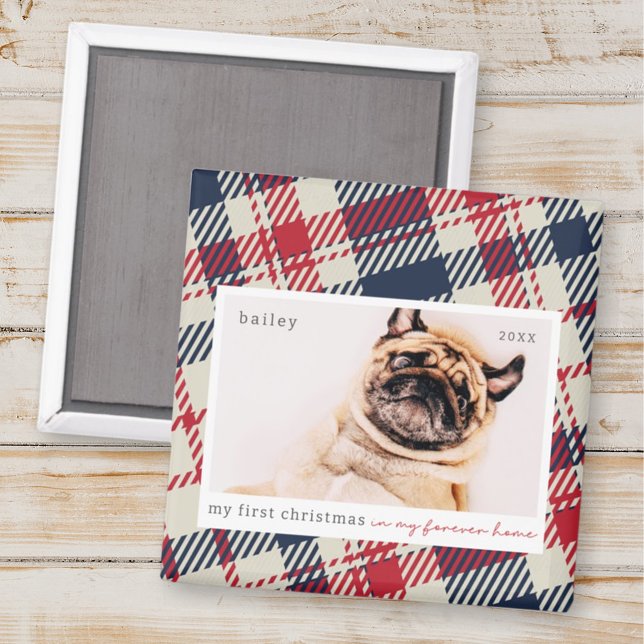 My First Christmas Forever Home Plaid Pet Photo Magnet (Creator Uploaded)