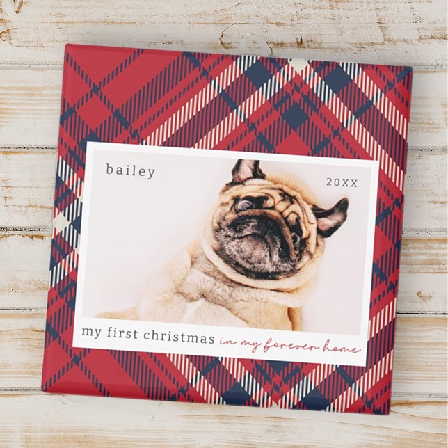 My First Christmas Forever Home Plaid Pet Photo Magnet (Creator Uploaded)