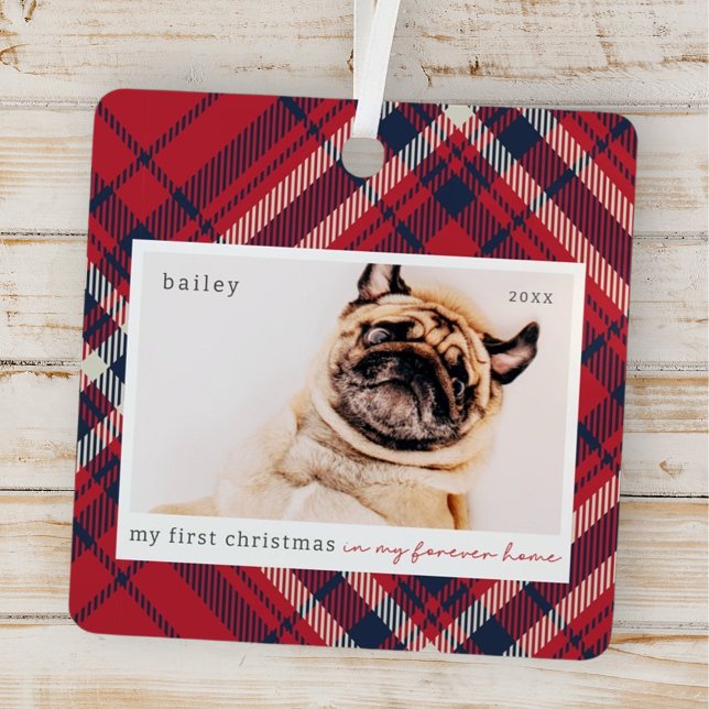 My First Christmas Forever Home Plaid Pet Photo Metal Ornament (Creator Uploaded)