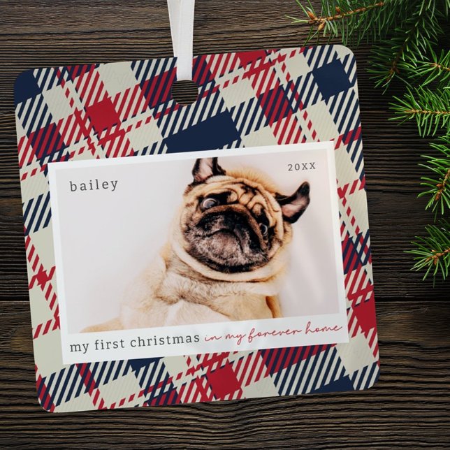 My First Christmas Forever Home Plaid Pet Photo Metal Ornament (Creator Uploaded)