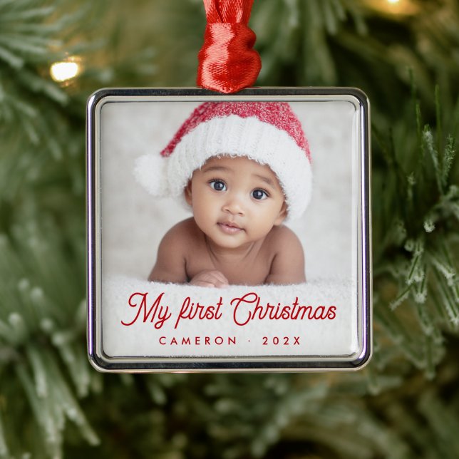 My first Christmas full baby photo name year Metal Ornament (Tree)