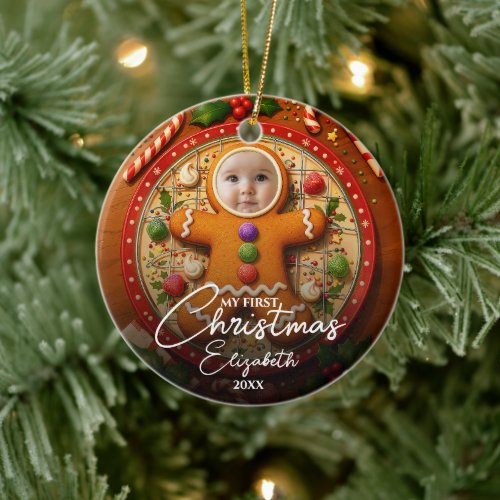 My First Christmas Fun Cute Gingerbread Photo Ceramic Ornament