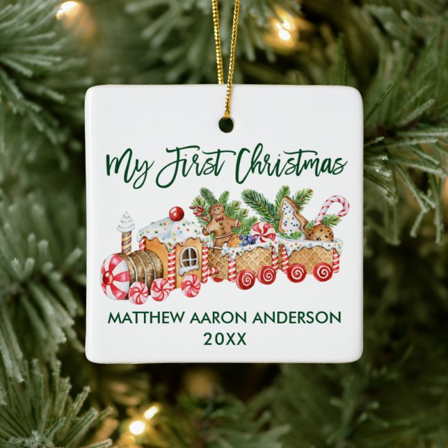 My First Christmas Gingerbread Train Baby Green Ceramic Ornament (Tree)