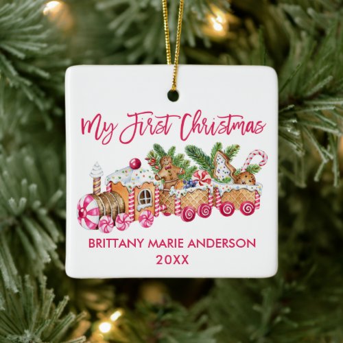 My First Christmas Gingerbread Train Baby Pink Ceramic Ornament