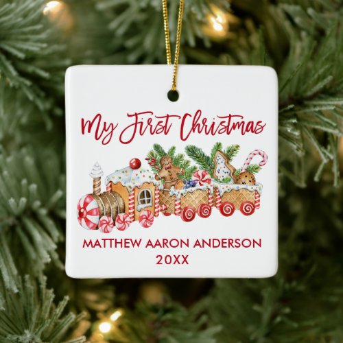 My First Christmas Gingerbread Train Baby Red Ceramic Ornament