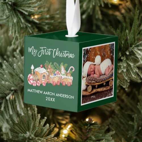 My First Christmas Gingerbread Train Green Photo Cube Ornament