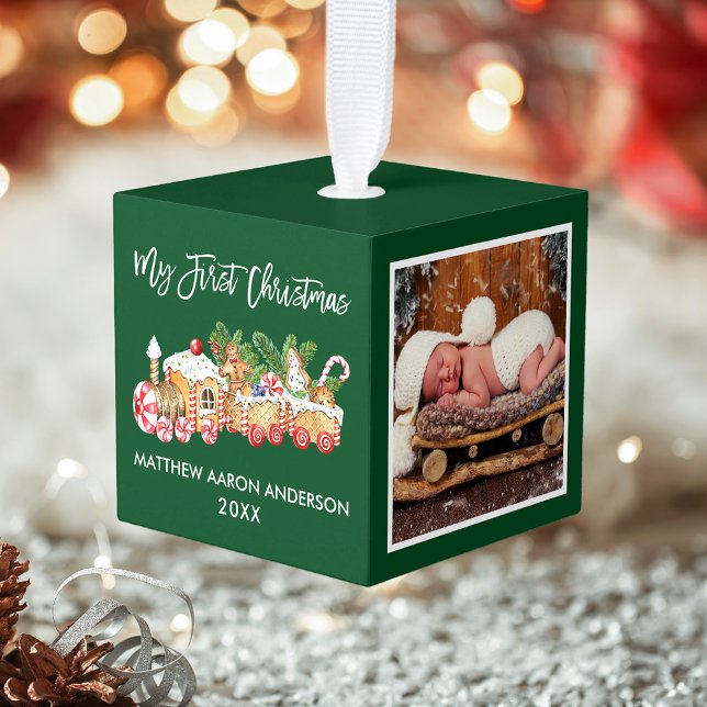 My First Christmas Gingerbread Train Green Photo Cube Ornament (Customize with your photos, name and year.)
