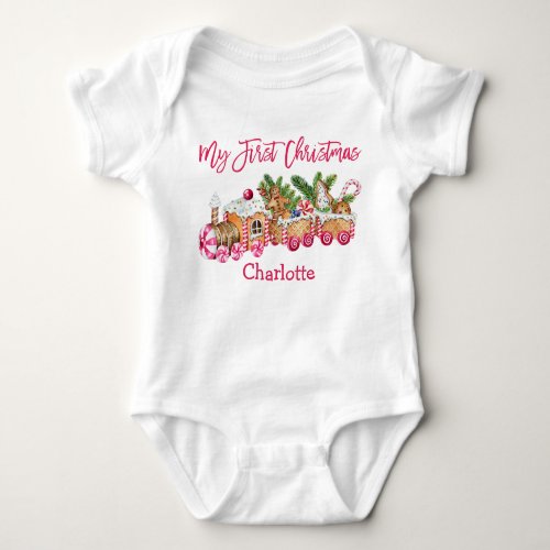 My First Christmas Gingerbread Train Pink Candy Baby Bodysuit
