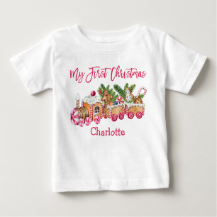 My First Christmas Gingerbread Train Pink Candy Baby T-Shirt