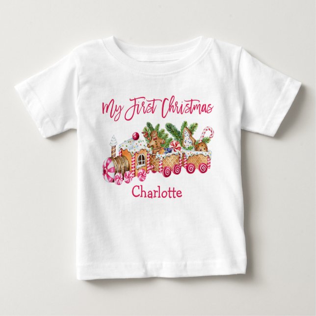 My First Christmas Gingerbread Train Pink Candy Baby T-Shirt (Front)