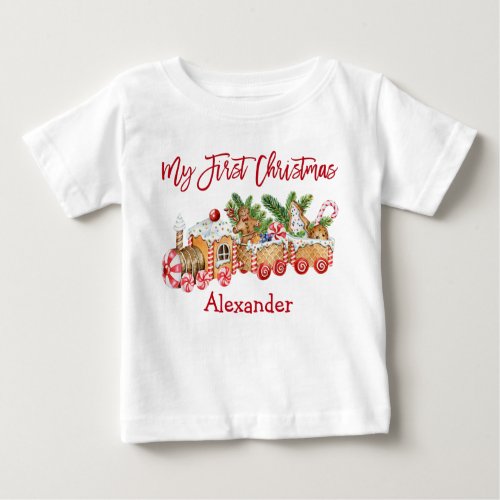 My First Christmas Gingerbread Train Red Candy Baby T_Shirt