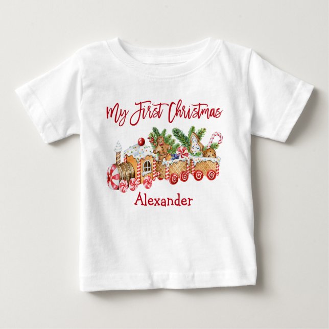 My First Christmas Gingerbread Train Red Candy Baby T-Shirt (Front)