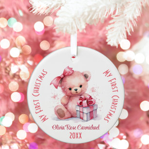 My First Christmas Girl Custom Name Pink Bear Ceramic Ornament