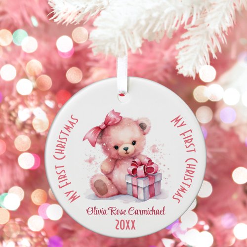 My First Christmas Girl Custom Name Pink Bear Ceramic Ornament