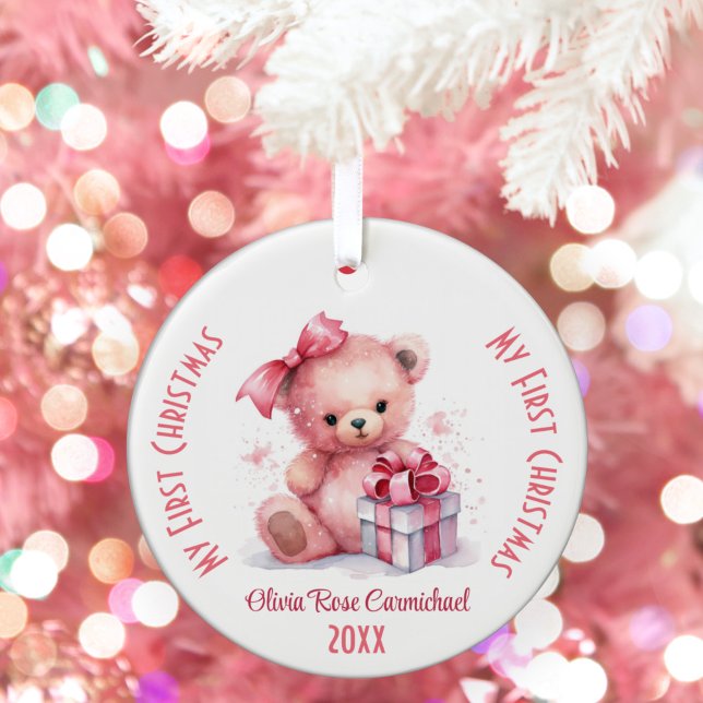 My First Christmas Girl Custom Name Pink Bear Ceramic Ornament (Creator Uploaded)