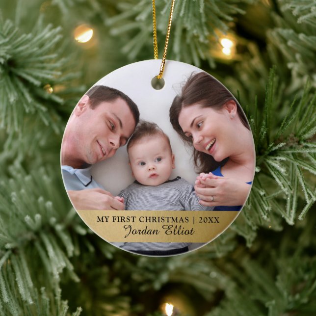 My First Christmas, Gold Baby Photo Keepsake Ceramic Ornament (Tree)