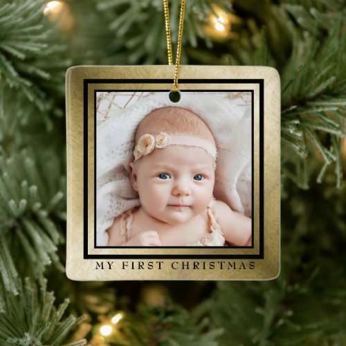 My First Christmas Gold Black Baby Photo Ceramic Ornament