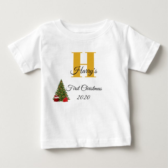 My First Christmas Gold Christmas Tree Editable Baby T-Shirt (Front)