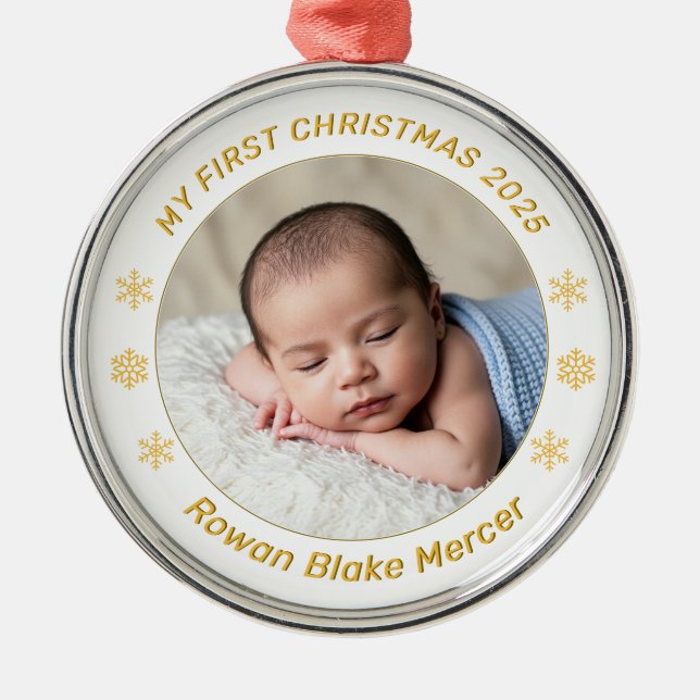 My First Christmas Gold Personalized Baby Photo  Metal Ornament (Front)