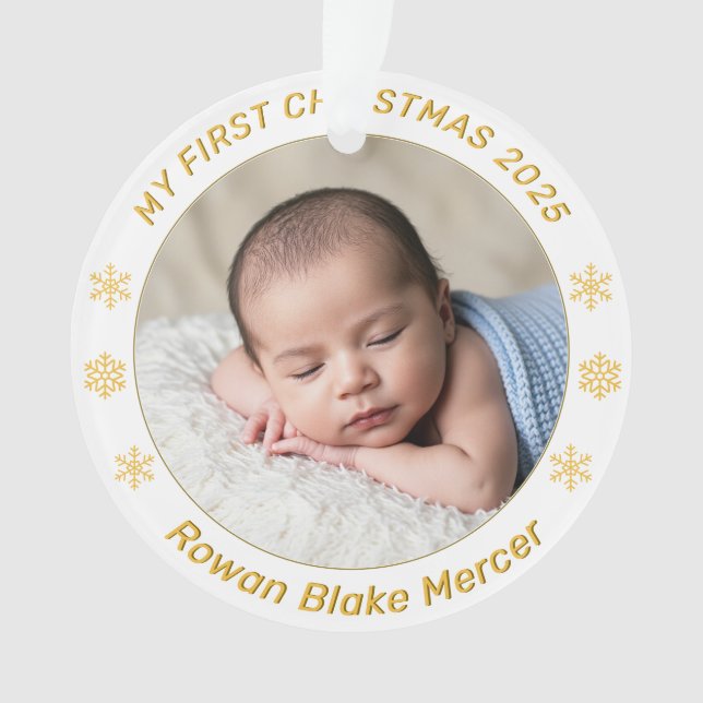 My First Christmas Gold Personalized Baby Photo  Ornament (Front)