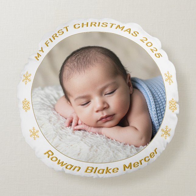 My First Christmas Gold Personalized Baby Photo  Round Pillow (Front)