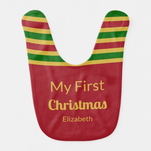 My First Christmas Gold Red and Green Stripes Name Baby Bib