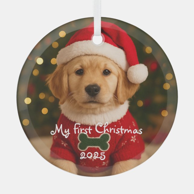 My First Christmas Golden Retriever Personalized Glass Ornament (Front)