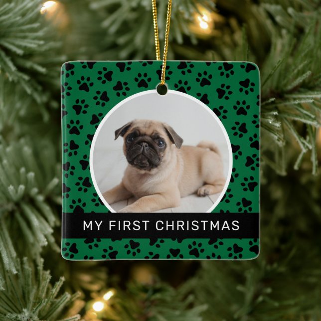 My First Christmas Green Custom Puppy Photo Ceramic Ornament (Tree)
