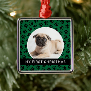 My First Christmas Green Custom Puppy Photo Metal Ornament