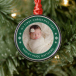 My First Christmas Green Personalized Baby Photo Metal Ornament<br><div class="desc">Personalize this modern and elegant 'My First Christmas' ornament with your baby girl's photo,  her full name,  and the year of her birth. Elegant evergreen and white round-shaped text and snowflake accents beautifully frames her photo. Photo tip: crop photo to a square format before uploading to the site.</div>
