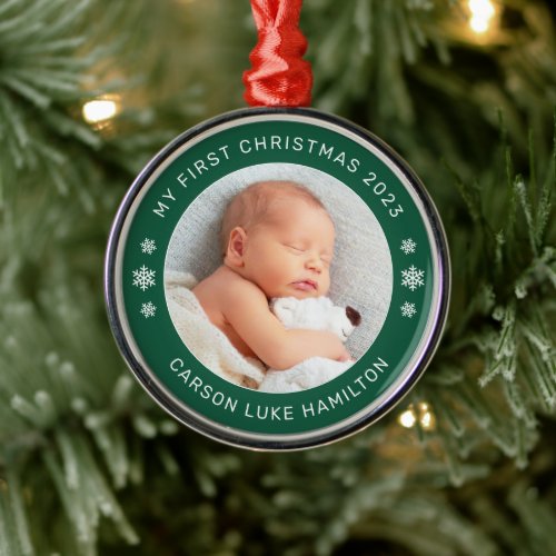 My First Christmas Green Personalized Baby Photo Metal Ornament